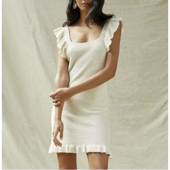 Anthropologie Ruffled Pointelle Knit Mini Dress Square Neck Ivory Cream Womens S - Picture 3 of 11